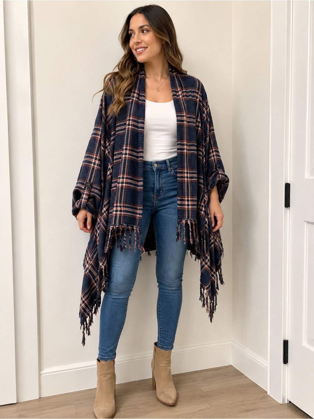 She + Sky Navy Plaid Fringe Open-Front Wrap Poncho